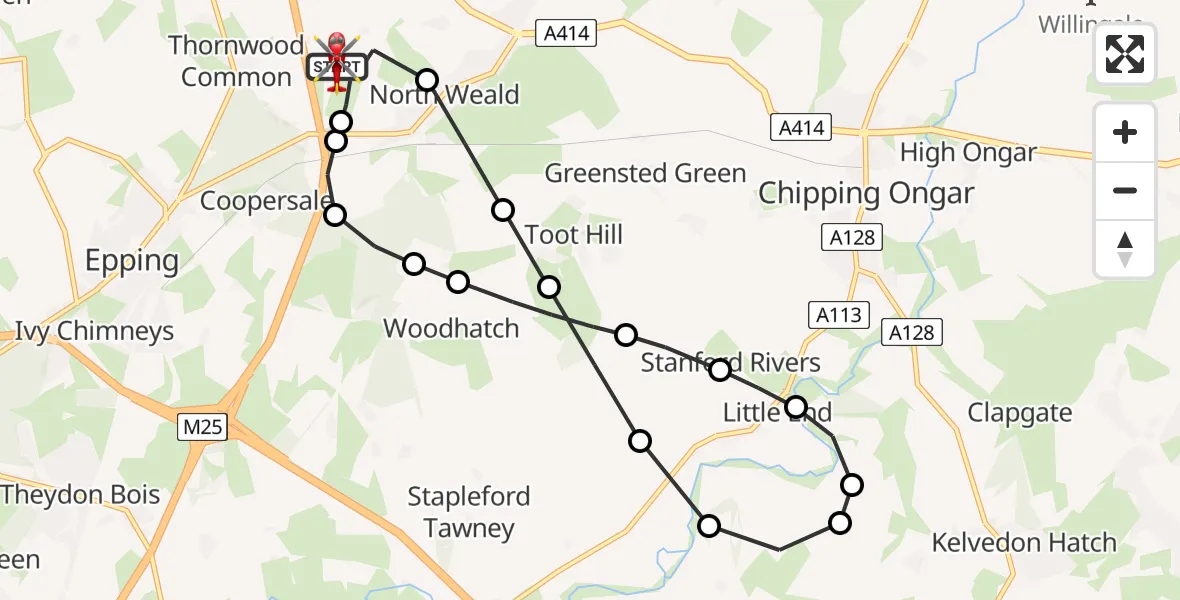 Flight path map showing Air Ambulance Helicopter route from North Weald Airfield to North Weald Airfield