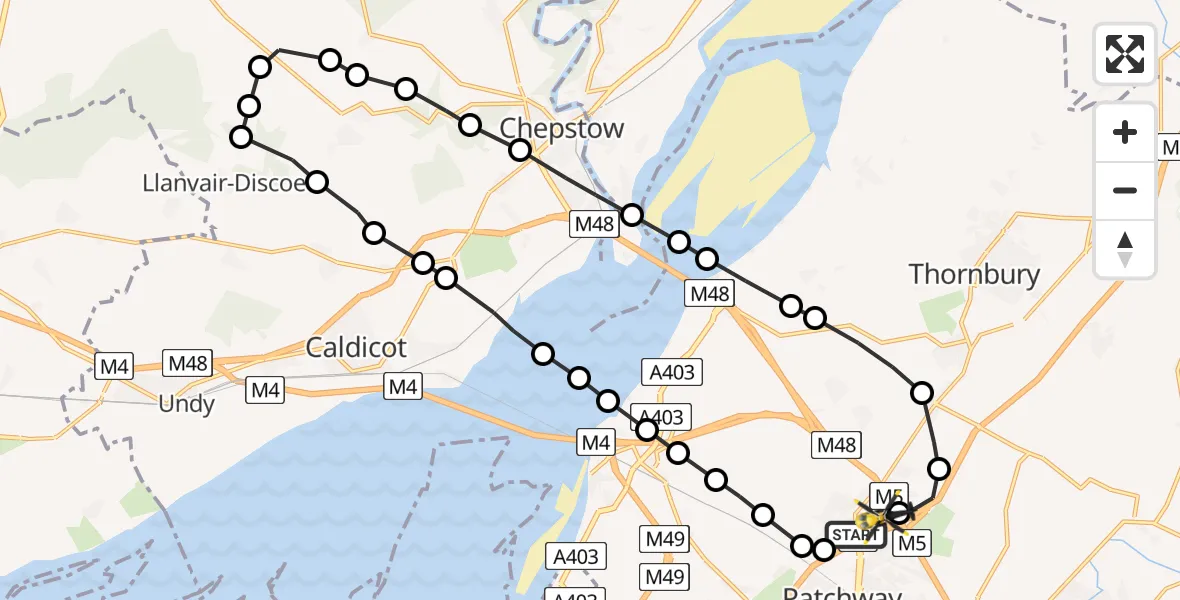 Flight path map showing Police Helicopter route from Almondsbury to Almondsbury Helicopter Base