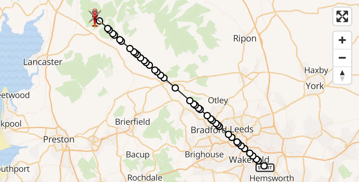 Flight path map showing Air Ambulance Helicopter route from YAA Nostell Helicopter Port to Thornton in Lonsdale