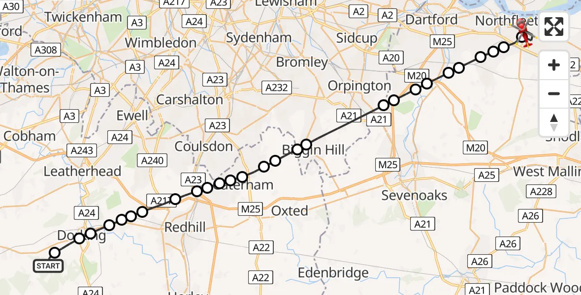 Flight path map showing Air Ambulance Helicopter route from Abinger to Gravesend