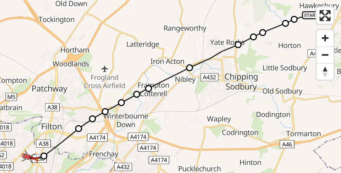 Flight path map showing Air Ambulance Helicopter route from Hawkesbury Upton to Bristol