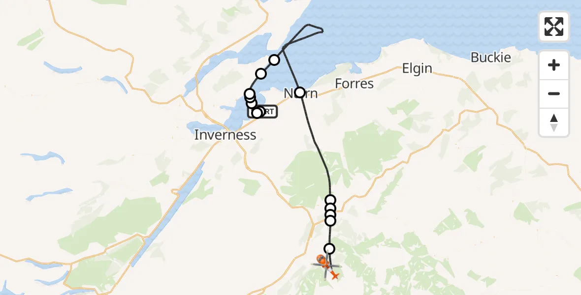Flight path map showing Coastguard Helicopter route from Inverness Airport to Aviemore