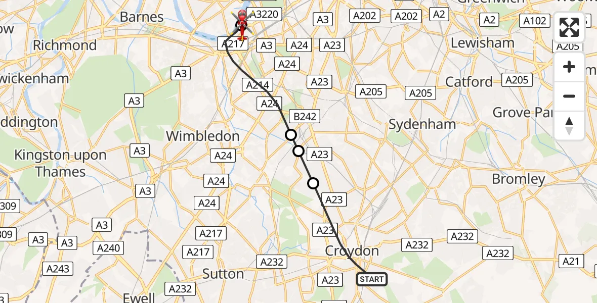 Flight path map showing Air Ambulance Helicopter route from London Borough of Croydon to London Heliport