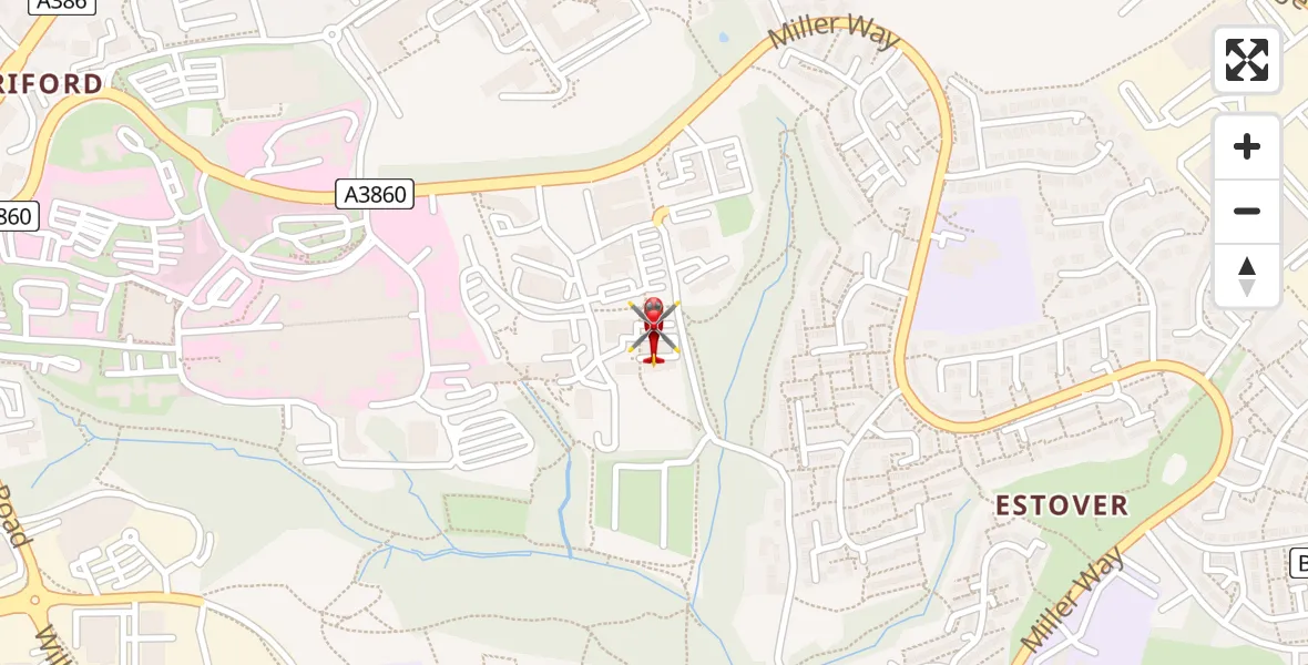 Flight path map showing Air Ambulance Helicopter route from Derriford Hospital to Derriford Hospital