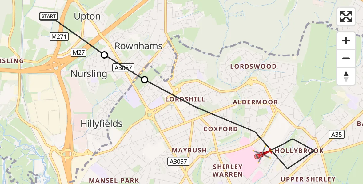 Flight path map showing Air Ambulance Helicopter route from Upton to University Hospital Southampton