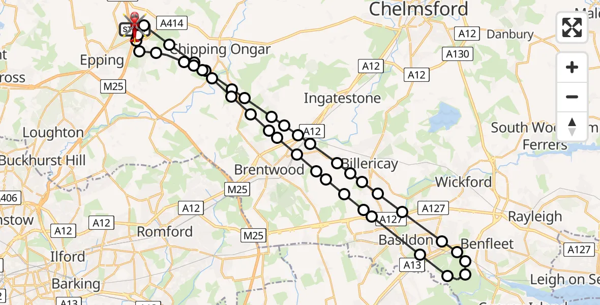 Flight path map showing Air Ambulance Helicopter route from North Weald Airfield to North Weald Airfield