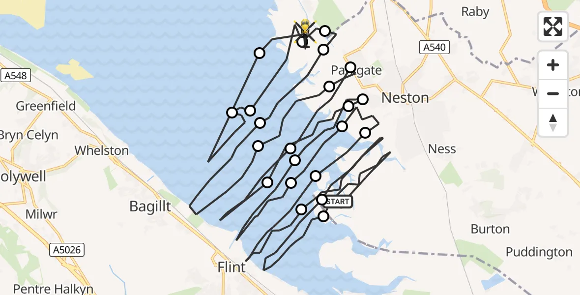 Flight path map showing Police Helicopter route from Neston to Heswall
