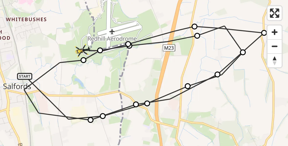 Flight path map showing Police Helicopter route from Salfords to Redhill Aerodrome