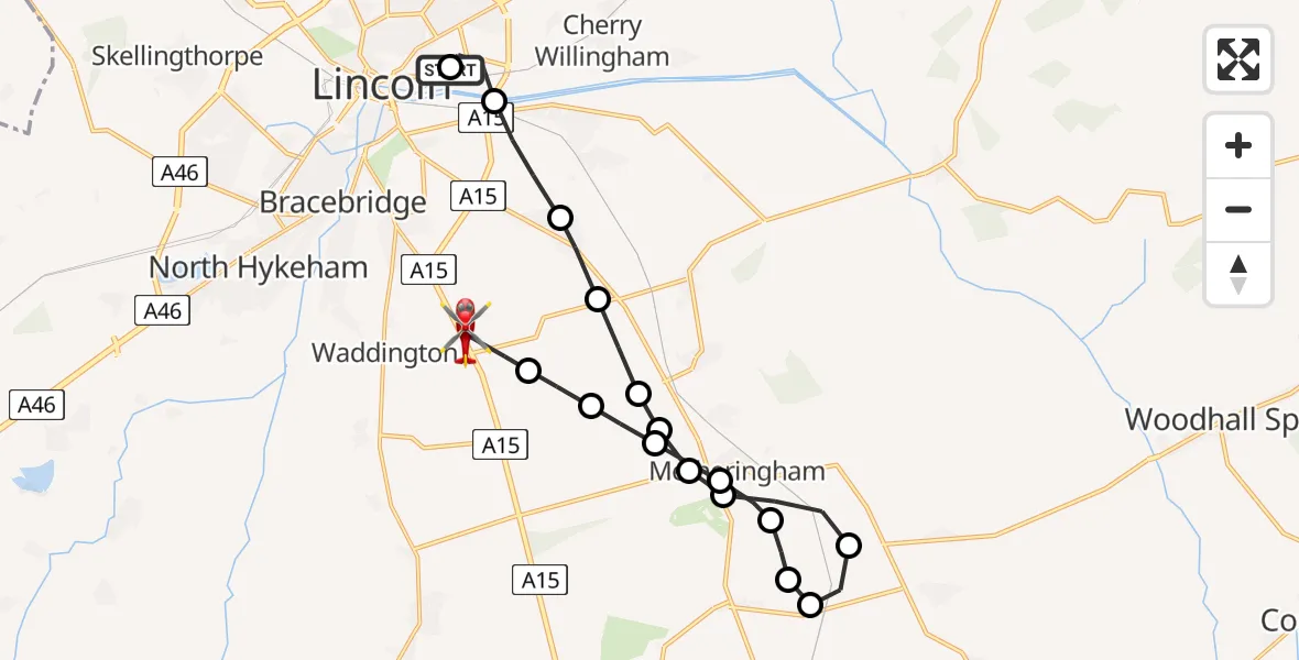 Flight path map showing Air Ambulance Helicopter route from Lincoln County Trauma Unit to North Kesteven