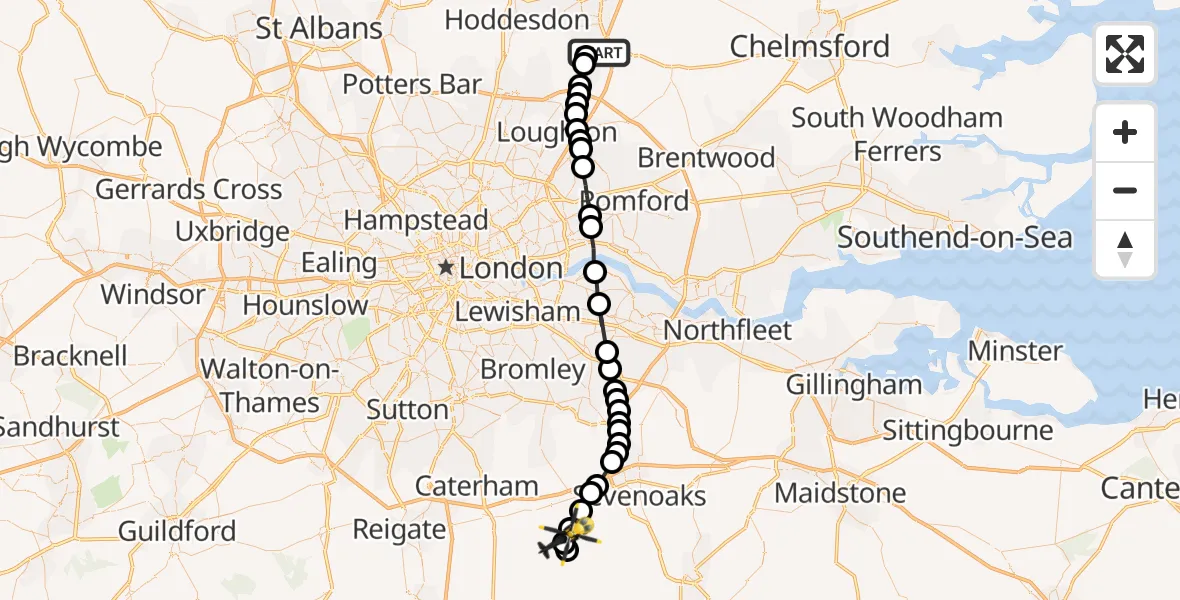 Flight path map showing Police Helicopter route from North Weald Bassett to Crockham Hill