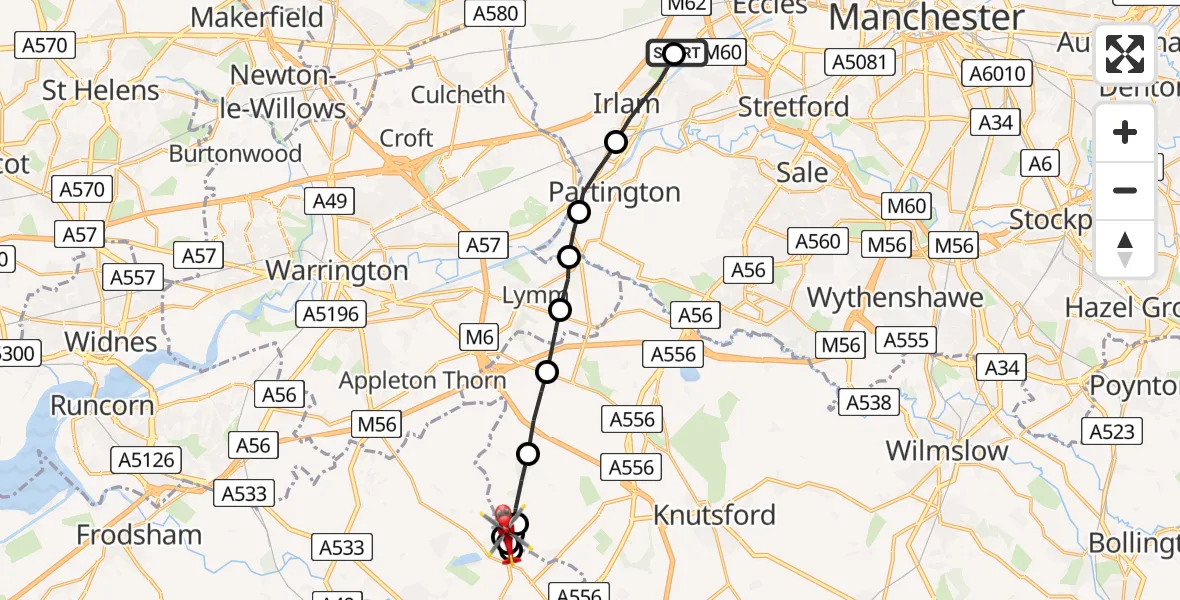 Flight path map showing Air Ambulance Helicopter route from Manchester Barton Aerodrome to Aston by Budworth