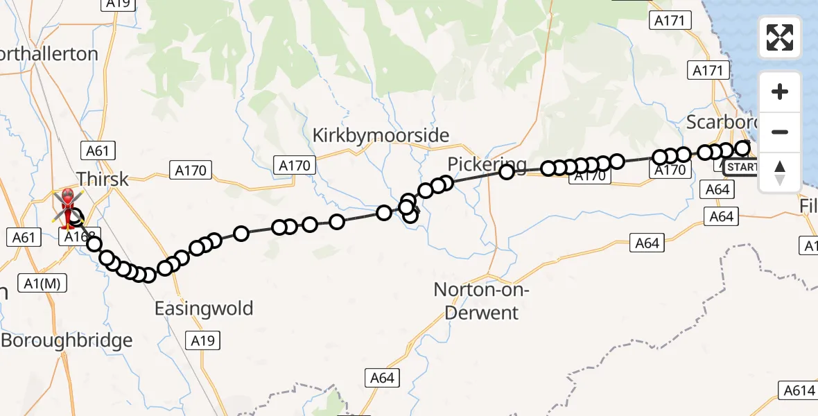 Flight path map showing Air Ambulance Helicopter route from Eastfield to RAF Topcliffe