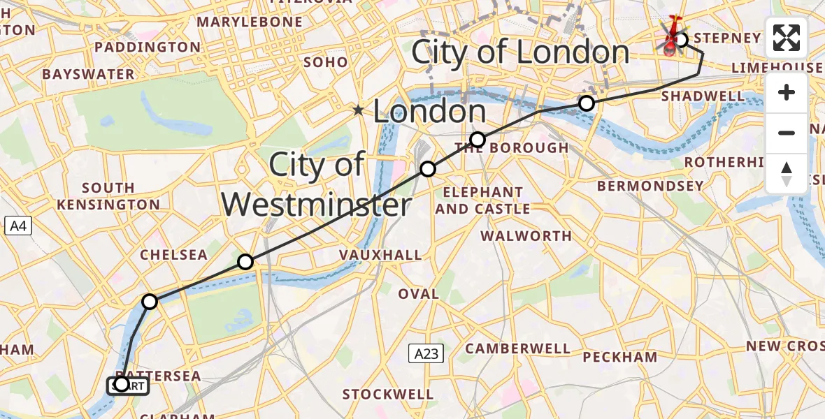 Flight path map showing Air Ambulance Helicopter route from London Heliport to Royal London Hospital