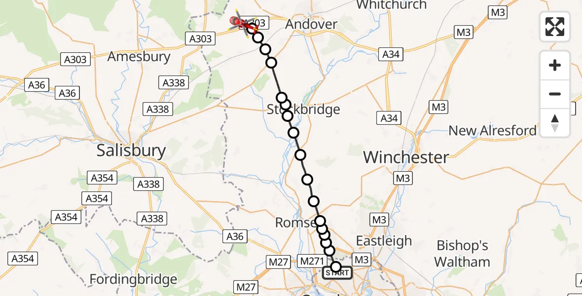 Flight path map showing Air Ambulance Helicopter route from University Hospital Southampton to Thruxton