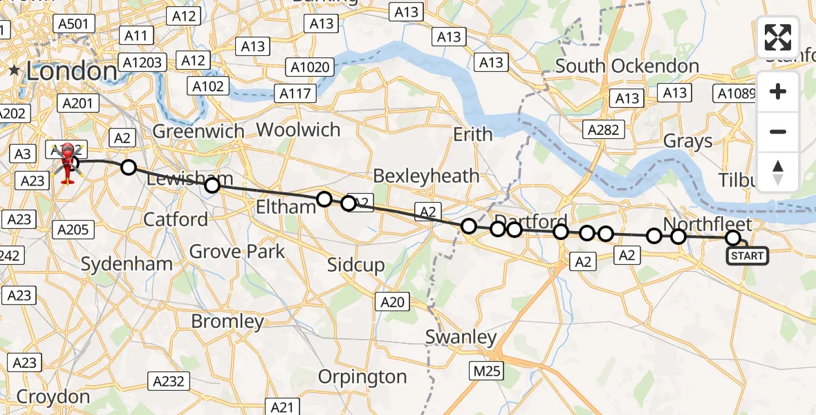 Flight path map showing Air Ambulance Helicopter route from Gravesend to Kings College London Hospital