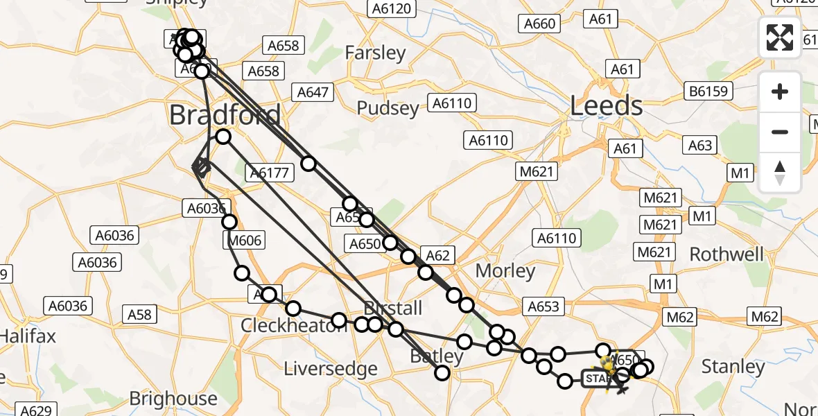 Routekaart van de vlucht: Police Helicopter to East Ardsley, Stoney Lane