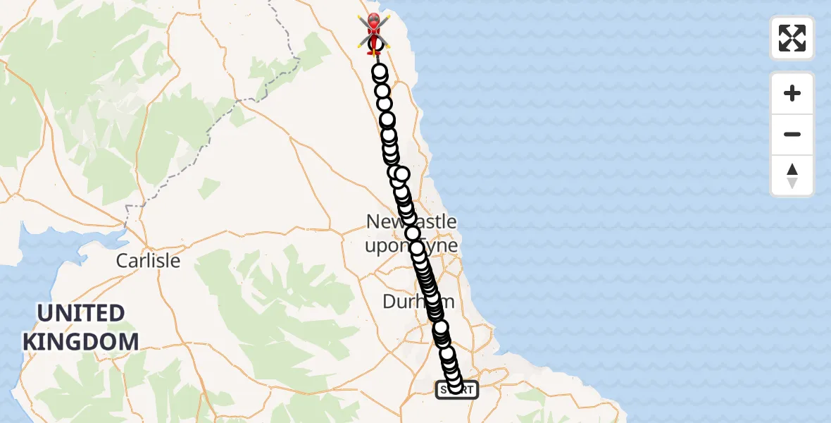 Flight path map showing Air Ambulance Helicopter route from Egglescliffe to Adderstone with Lucker
