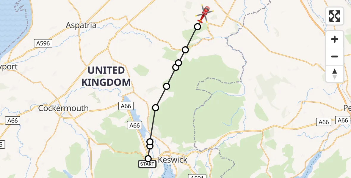 Flight path map showing Air Ambulance Helicopter route from Braithwaite to Westward