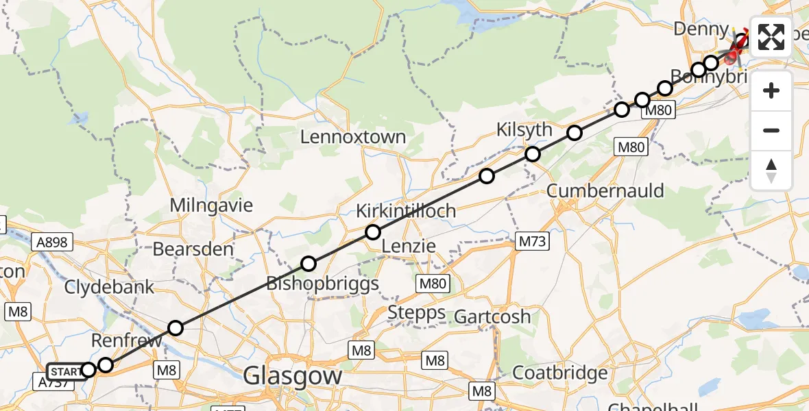 Flight path map showing Air Ambulance Helicopter route from Glasgow Airport to Dunipace