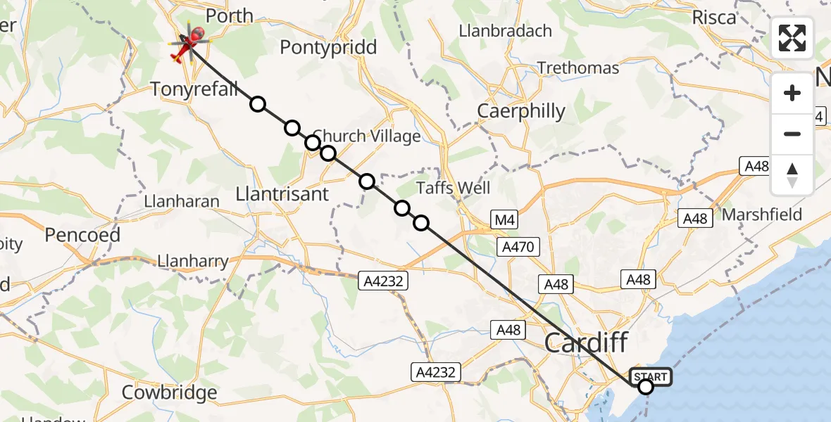 Flight path map showing Air Ambulance Helicopter route from Cardiff Heliport to Tonyrefail