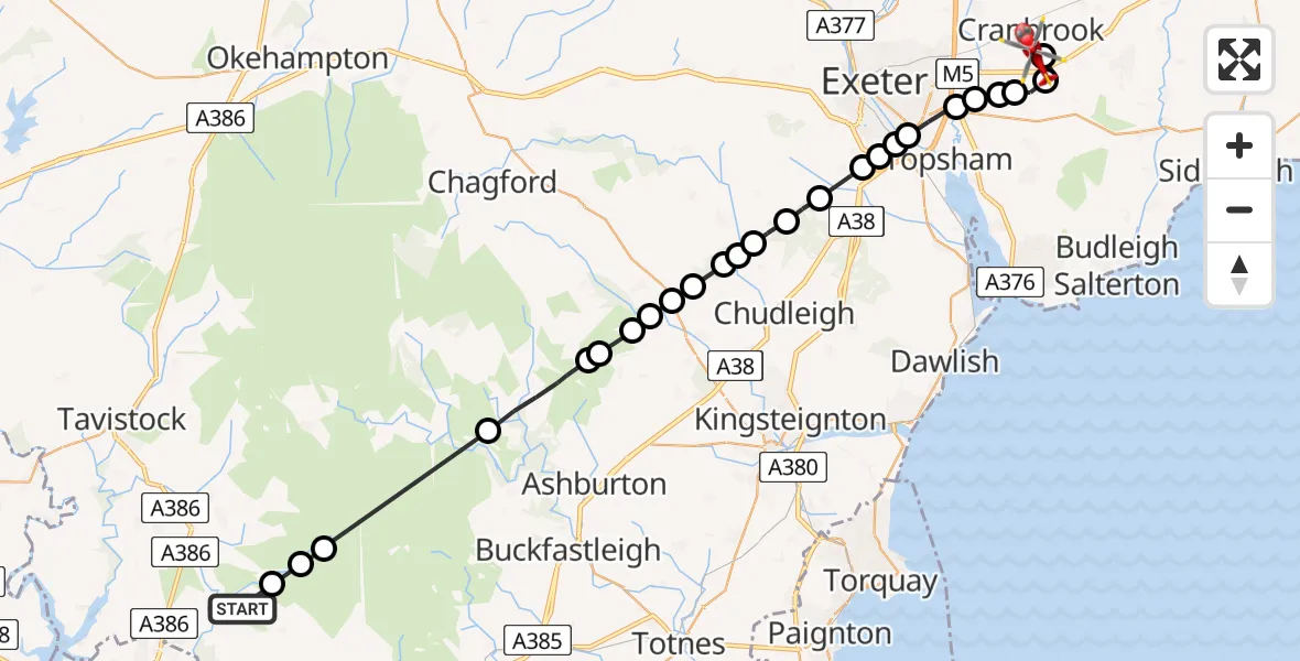 Flight path map showing Air Ambulance Helicopter route from Shaugh Prior to Rockbeare