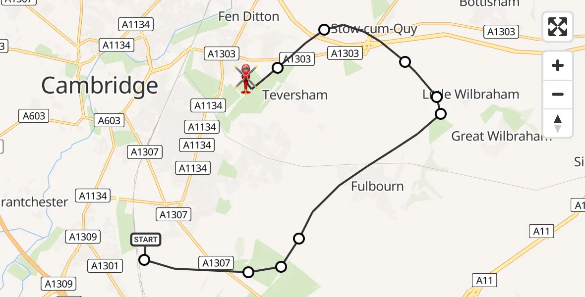 Flight path map showing Air Ambulance Helicopter route from Papworth Hospital to Cambridge City Airport