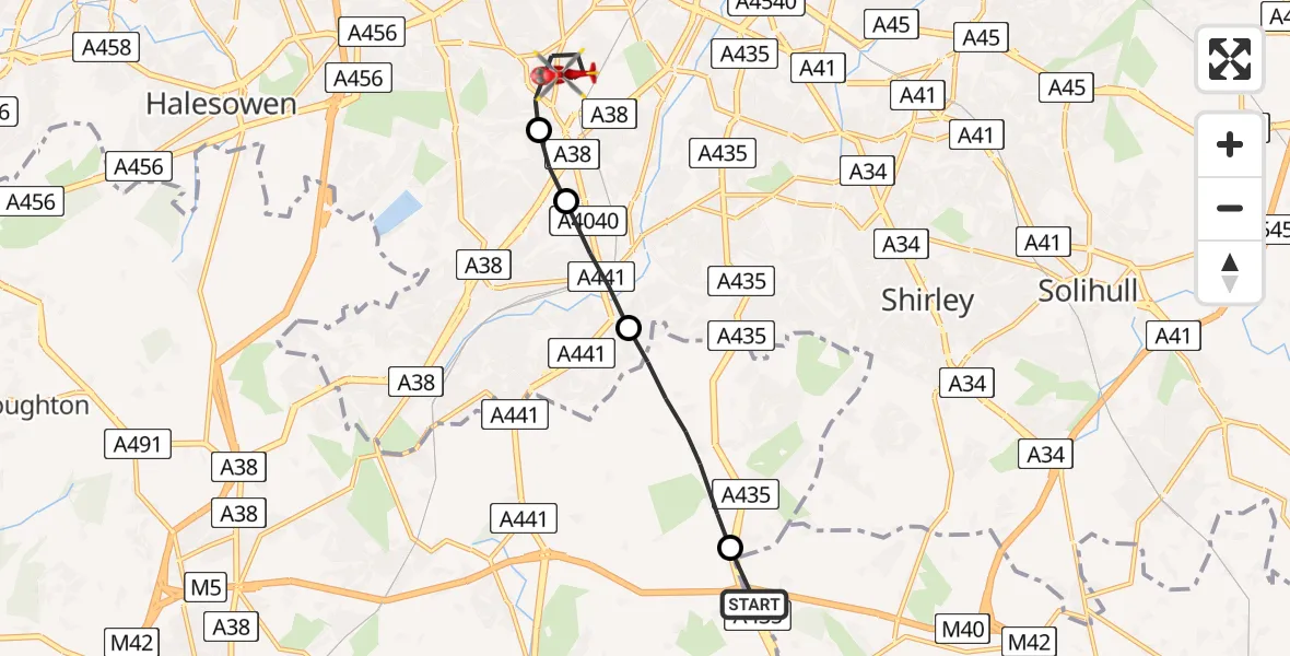 Flight path map showing Air Ambulance Helicopter route from Tanworth in Arden CP to Metchley