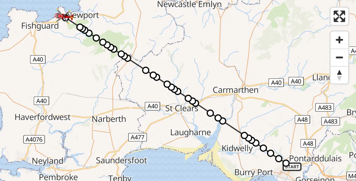 Flight path map showing Air Ambulance Helicopter route from Dafen to Dinas Cross