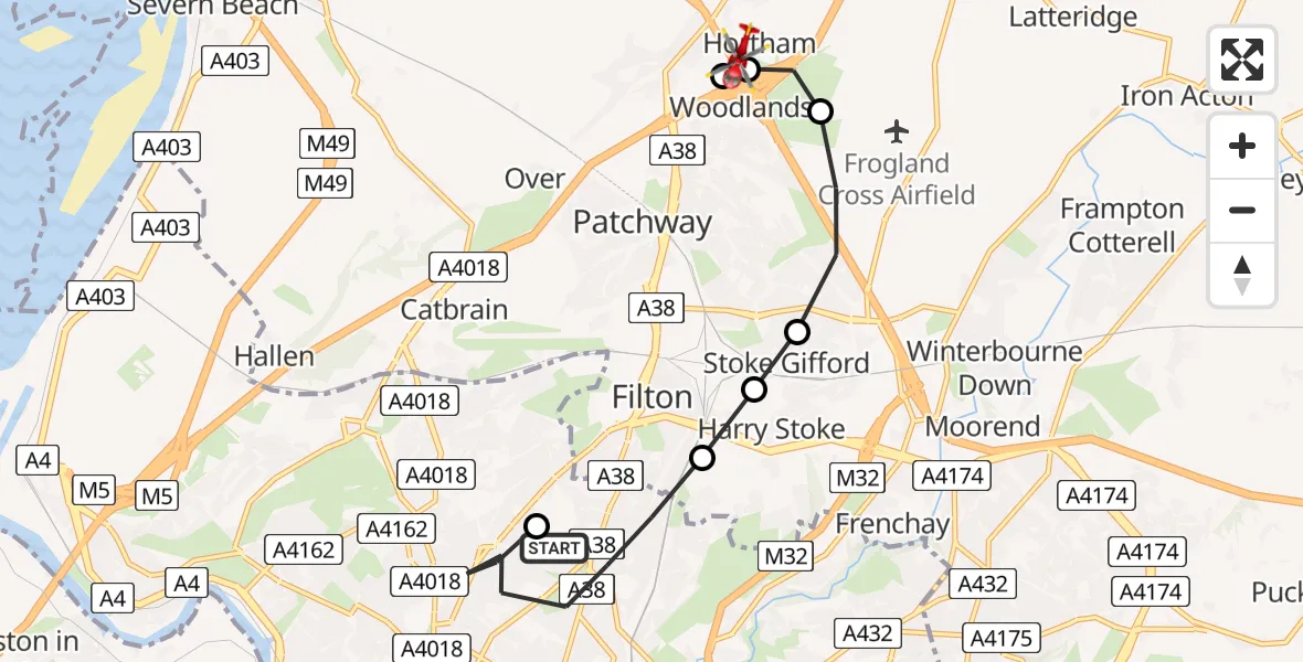 Flight path map showing Air Ambulance Helicopter route from Southmead Hospital to Hortham