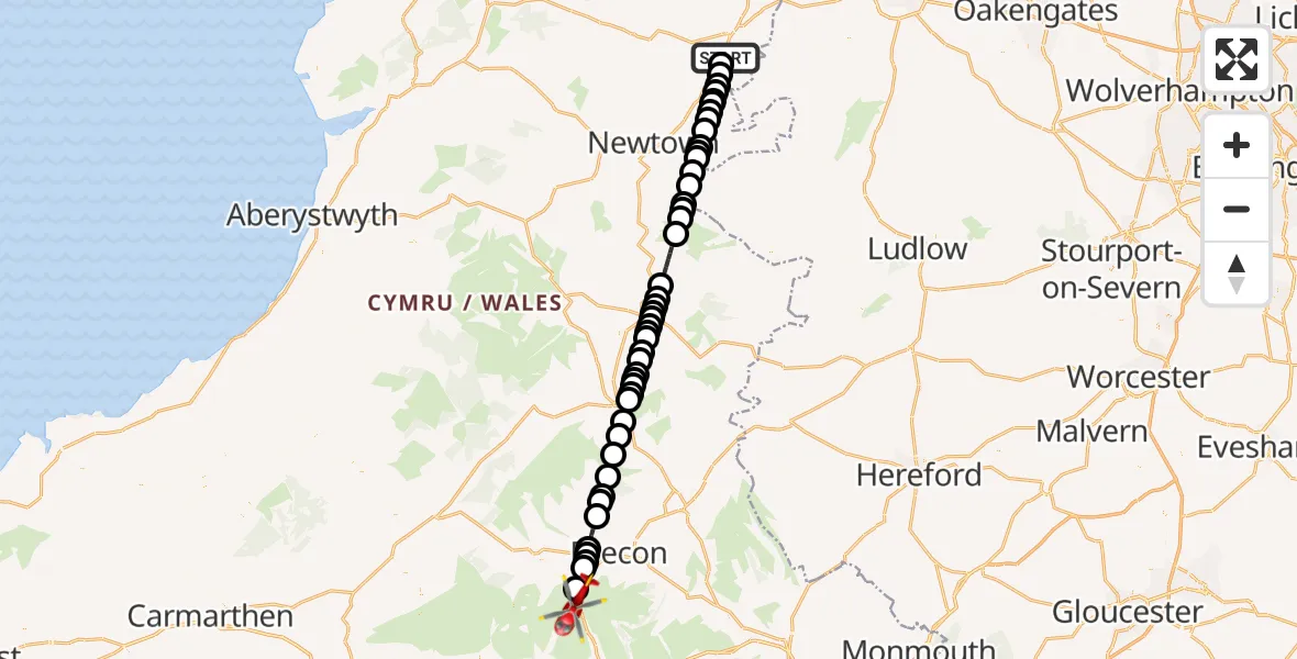 Routekaart van de vlucht: Air Ambulance Helicopter to Glyn Tarell, A470