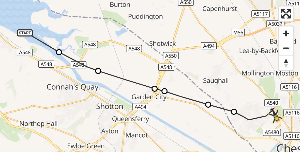 Flight path map showing Police Helicopter route from Flint to Chester