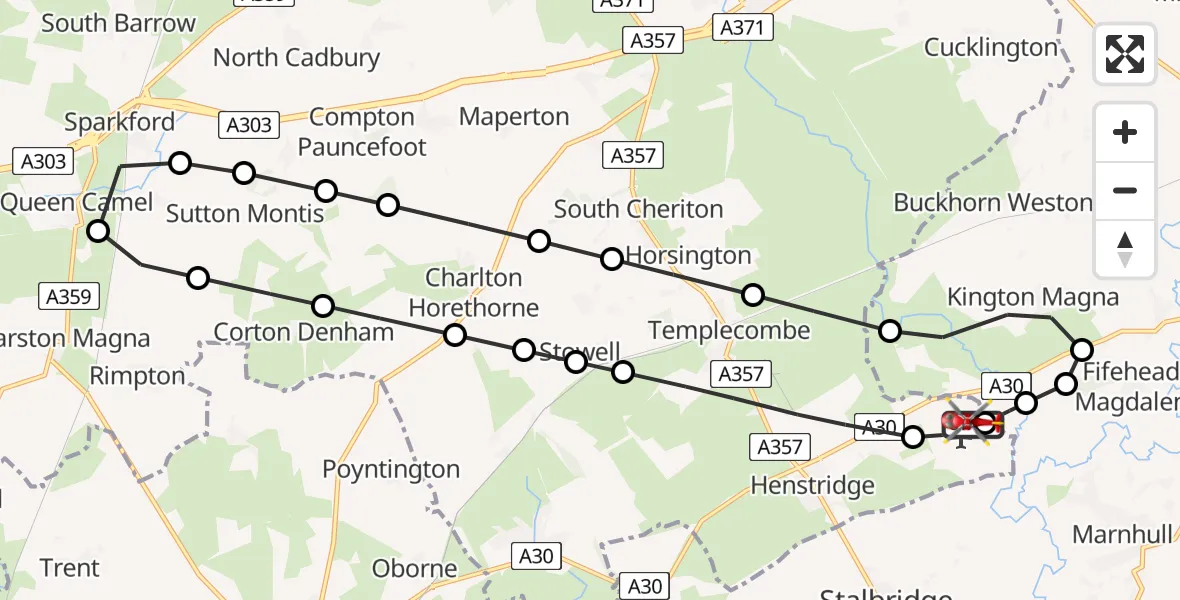 Flight path map showing Air Ambulance Helicopter route from Henstridge Airfield to Henstridge Airfield