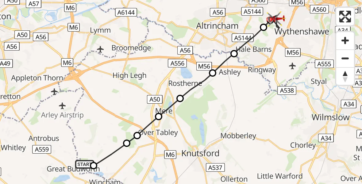 Flight path map showing Air Ambulance Helicopter route from Aston by Budworth to Wythenshawe