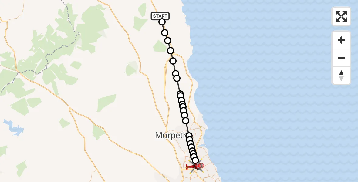 Flight path map showing Air Ambulance Helicopter route from Ellingham to Cramlington