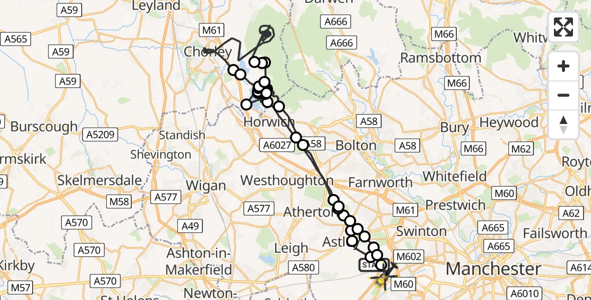 Flight path map showing Police Helicopter route from Irlam to Manchester Barton Aerodrome