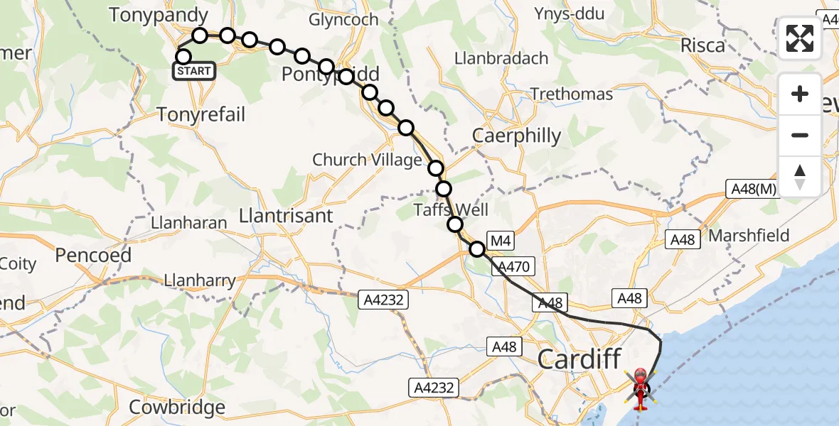 Flight path map showing Air Ambulance Helicopter route from Tonyrefail to Cardiff Heliport