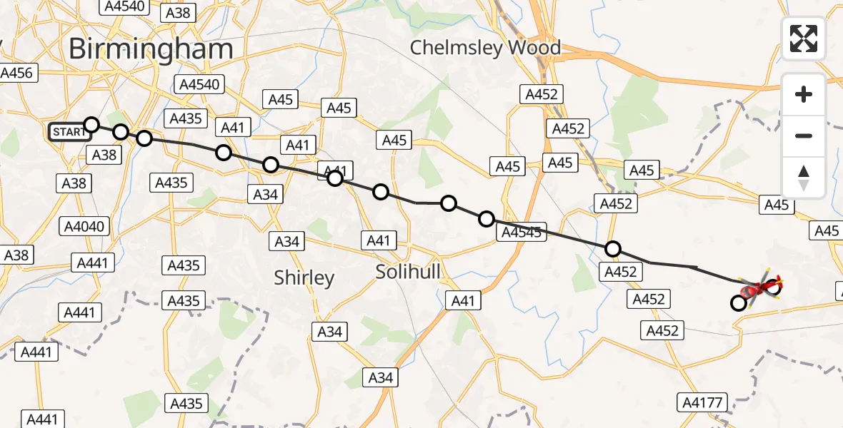 Flight path map showing Air Ambulance Helicopter route from Queen Elizabeth Hospital Helipad to Coventry