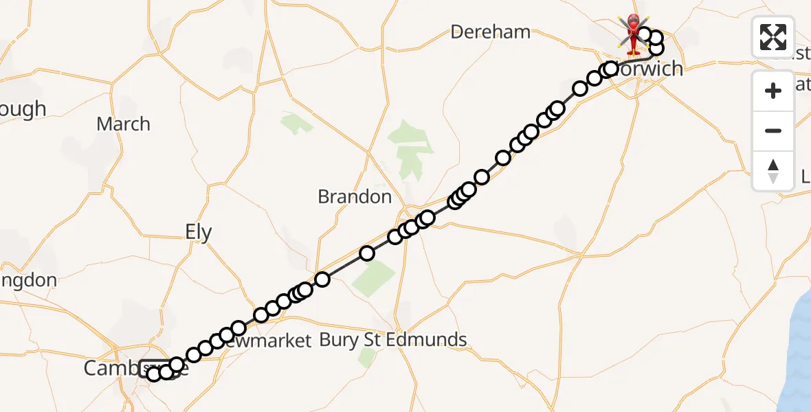 Flight path map showing Air Ambulance Helicopter route from Cambridge City Airport to Norwich Airport