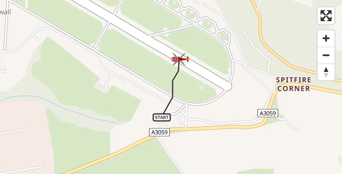 Flight path map showing Air Ambulance Helicopter route from Cornwall Airport Newquay to Cornwall Airport Newquay
