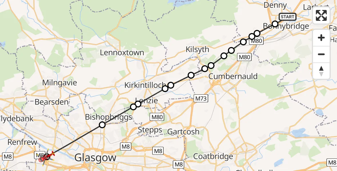 Flight path map showing Air Ambulance Helicopter route from Bonnybridge to Queen Elizabeth Hospital