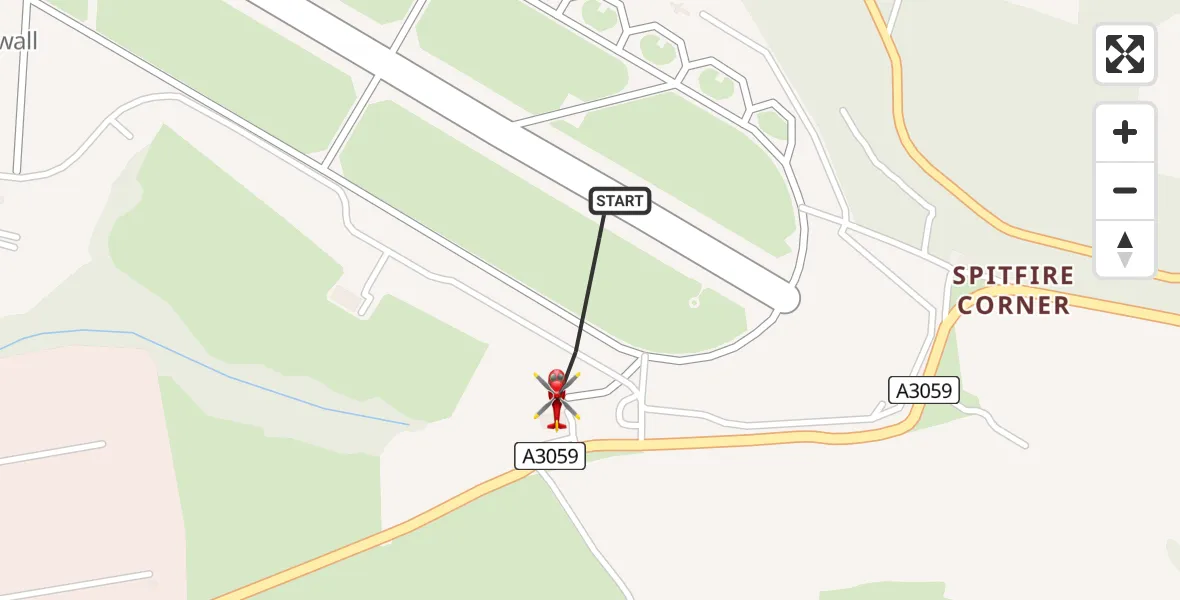 Flight path map showing Air Ambulance Helicopter route from Cornwall Airport Newquay to Cornwall Airport Newquay