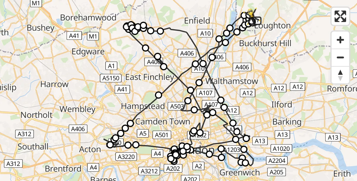 Flight path map showing Police Helicopter route from Metropolitan Police Air Support Unit Lippitts Hill to Sewardstonebury