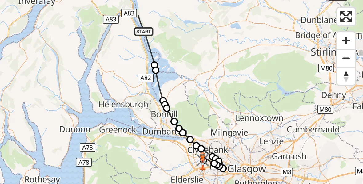 Flight path map showing Coastguard Helicopter route from Loch Lomond to Glasgow Airport