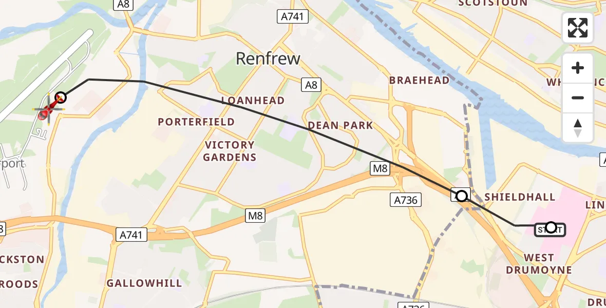 Flight path map showing Air Ambulance Helicopter route from Queen Elizabeth Hospital to Glasgow Airport