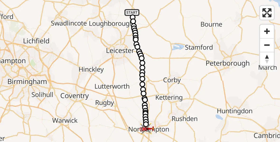 Flight path map showing Air Ambulance Helicopter route from Rushcliffe to Northampton