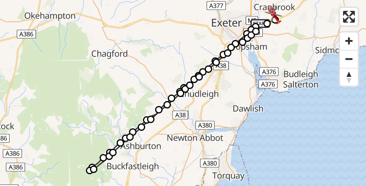 Flight path map showing Air Ambulance Helicopter route from Clyst Honiton to Rockbeare