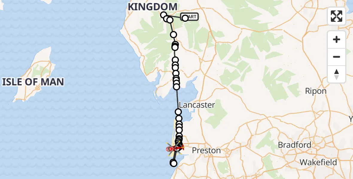 Flight path map showing Air Ambulance Helicopter route from Watermillock to Blackpool Airport