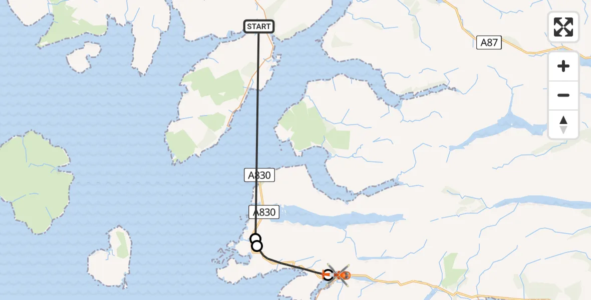 Flight path map showing Coastguard Helicopter route from Sleat - Slèite to Lochailort