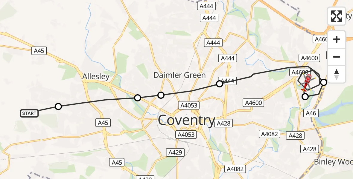 Flight path map showing Air Ambulance Helicopter route from Coventry to University Hospital Coventry
