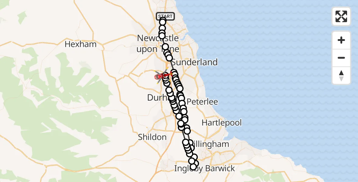 Flight path map showing Air Ambulance Helicopter route from Cramlington to South Pelaw